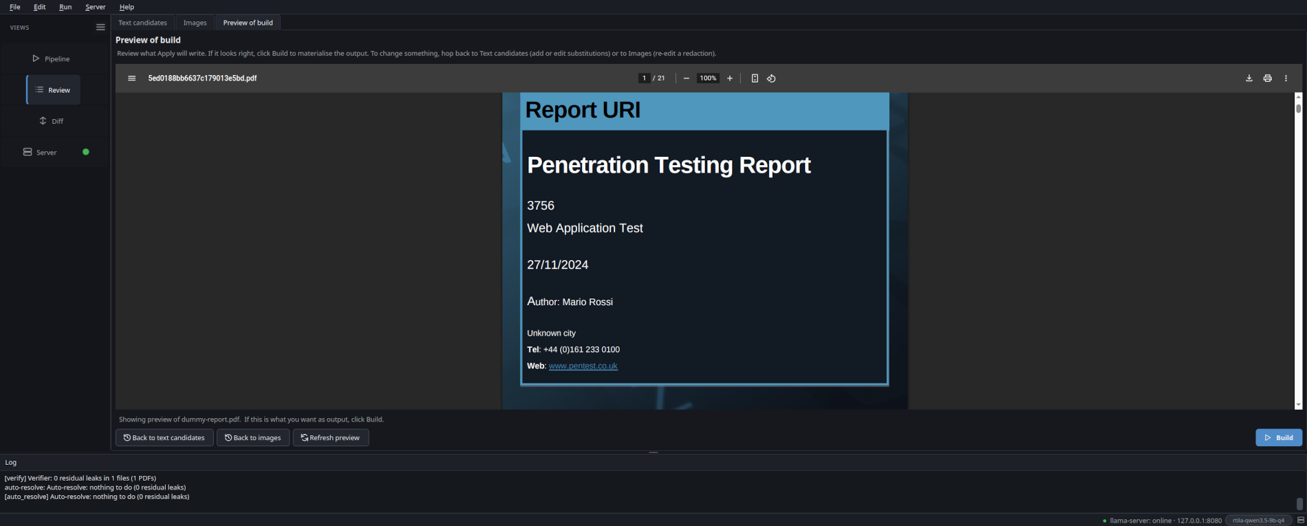 Preview of build tab: PDF.js viewer renders the post-anonymization document with selectable text. Bottom row: Back to text candidates, Back to images, Refresh preview, Build (primary).