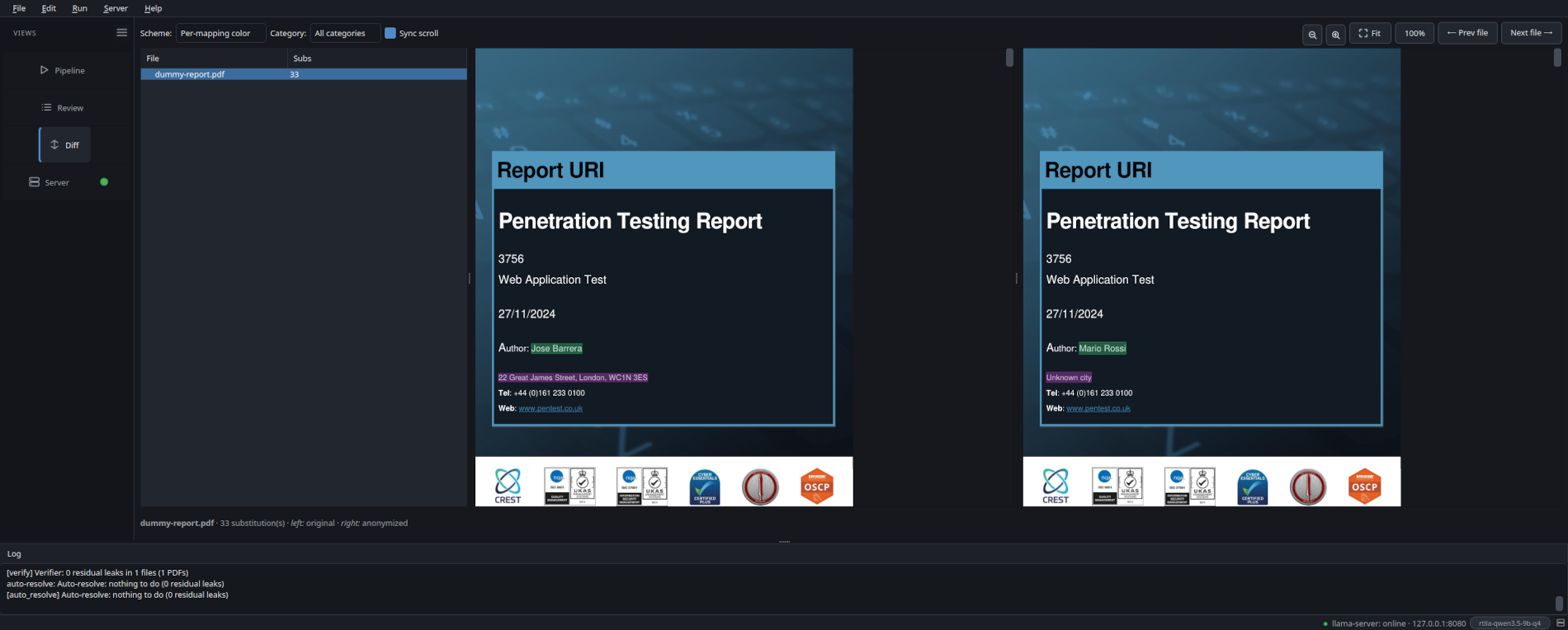 Side-by-side native render: original report on the left with NimbusBoard / Lorenzo De Falco / 2026-Q1-NimbusBoard-Web highlighted, anonymized version on the right with VendorBoard / Marco Rossi / 2026-Q1-VendorBoard-Web. Layout, fonts and structure are preserved.