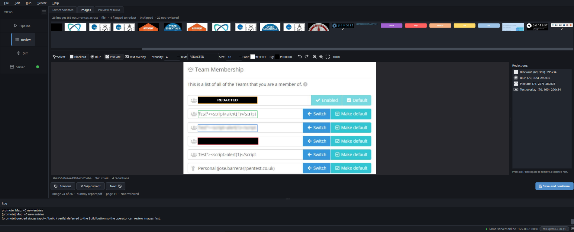 Image review tab: horizontal thumbnail strip on top, embedded editor showing a Burp request screenshot with a baked red blackout rectangle over the Authorization header. Toolbar: Select / Blackout / Blur / Pixelate / Text overlay; intensity / text / size spinboxes; font / background colour pickers.