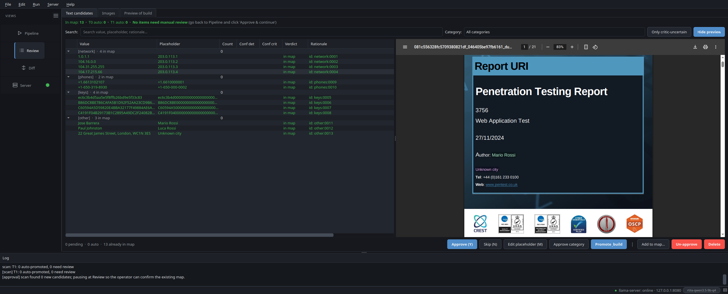 Review tree on the left listing already-mapped, auto-promoted and pending rows by category; right pane is a live render of the anonymized PDF with VendorBoard already substituted in the title.