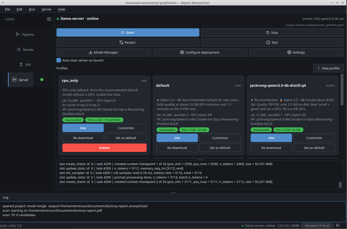 Server panel with the preset gallery: cpu_only, default and the highlighted jackrong-qwen3.5-4b-distill-q4 card; quality score, VRAM-fit, downloaded badge and Use / Customize / Re-download / Set as default actions visible.
