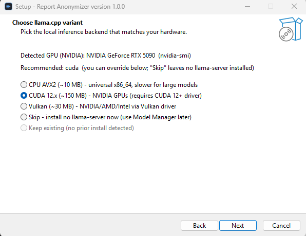 Setup wizard "Select Destination Location" page on Windows 11: default path C:\Users\<user>\AppData\Local\Programs\report-anonymizer, free-space estimate, browse button.